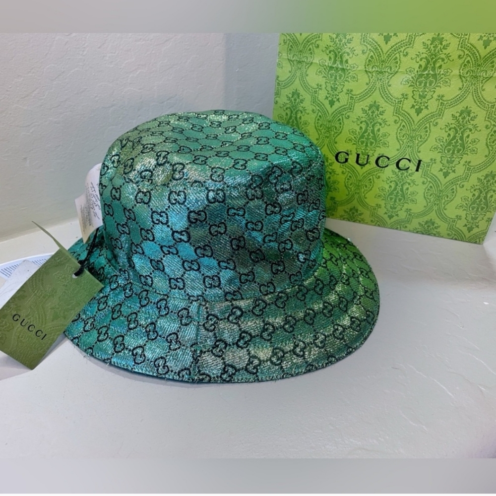 NWT Gucci Metallic Reversable Iridescent Green GG Bucket Hat Size Large - Picture 6 of 12